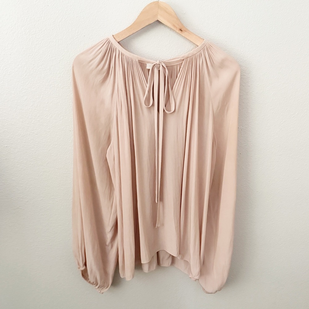Ramy Brook Nude Blush Pink Tie Front Peasant Blouse Balloon Sleeve Large - Picture 2 of 7